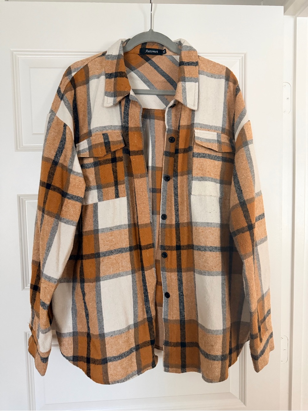 Tan Black Cream Plaid Button-Up Flannel Shirt Jacket